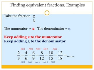 Finding equivalent fractions. Examples Take the fraction  2 3 The numerator  =  2 .   The denominator =  3 Keep adding 2 to the numerator Keep adding 3 to the denominator Add 2 Add 3 Add 2 Add 2 Add 2 Add 2 Add 3 Add 3 Add 3 Add 3 