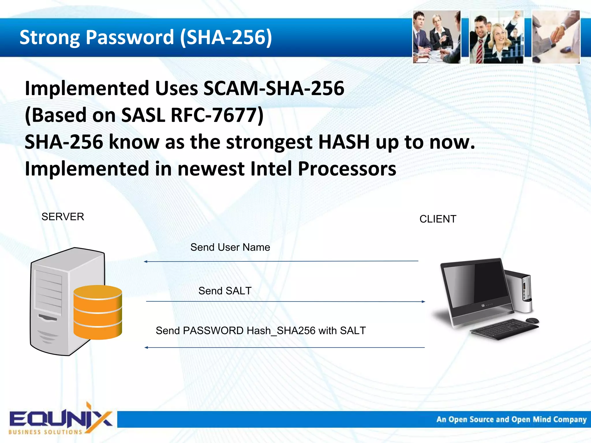 Strong Password (SHA-256) Implemented Uses SCAM-SHA-256 (Based on SASL RFC-7677) SHA-256 know as the strongest HASH up to now. Implemented in newest Intel Processors SERVER CLIENT Send User Name Send SALT Send PASSWORD Hash_SHA256 with SALT 