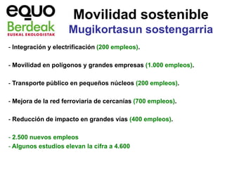 Movilidad sostenible
                     Mugikortasun sostengarria
- Integración y electrificación (200 empleos).

- Movilidad en polígonos y grandes empresas (1.000 empleos).

- Transporte público en pequeños núcleos (200 empleos).

- Mejora de la red ferroviaria de cercanías (700 empleos).

- Reducción de impacto en grandes vías (400 empleos).

- 2.500 nuevos empleos
- Algunos estudios elevan la cifra a 4.600
 