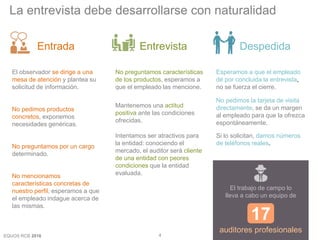 EQUOS RCB 2016
La entrevista debe desarrollarse con naturalidad
No preguntamos características
de los productos, esperamos a
que el empleado las mencione.
Esperamos a que el empleado
dé por concluida la entrevista,
no se fuerza el cierre.
Entrada Entrevista Despedida
El observador se dirige a una
mesa de atención y plantea su
solicitud de información.
No pedimos productos
concretos, exponemos
necesidades genéricas.
No preguntamos por un cargo
determinado.
No mencionamos
características concretas de
nuestro perfil, esperamos a que
el empleado indague acerca de
las mismas.
Mantenemos una actitud
positiva ante las condiciones
ofrecidas.
Intentamos ser atractivos para
la entidad: conociendo el
mercado, el auditor será cliente
de una entidad con peores
condiciones que la entidad
evaluada.
Si lo solicitan, damos números
de teléfonos reales.
No pedimos la tarjeta de visita
directamente, se da un margen
al empleado para que la ofrezca
espontáneamente.
17
El trabajo de campo lo
lleva a cabo un equipo de
auditores profesionales
4
 
