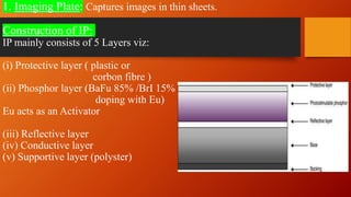 1. Imaging Plate: Captures images in thin sheets.
Construction of IP:
IP mainly consists of 5 Layers viz:
(i) Protective layer ( plastic or
corbon fibre )
(ii) Phosphor layer (BaFu 85% /BrI 15%
doping with Eu)
Eu acts as an Activator
(iii) Reflective layer
(iv) Conductive layer
(v) Supportive layer (polyster)
 