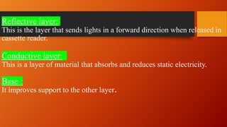 Reflective layer:
This is the layer that sends lights in a forward direction when released in
cassette reader.
Conductive layer:
This is a layer of material that absorbs and reduces static electricity.
Base :
It improves support to the other layer.
 