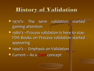 HHiissttoorryy ooff VVaalliiddaattiioonn 
 11997700’’ss-- TThhee tteerrmm vvaalliiddaattiioonn ssttaarrtteedd 
ggaaiinniinngg aatttteennttiioonn 
 11998800’’ss ––PPrroocceessss vvaalliiddaattiioonn iiss hheerree ttoo ssttaayy-- 
FFDDAA BBooookkss oonn PPrroocceessss vvaalliiddaattiioonn ssttaarrtteedd 
aappppeeaarriinngg 
 11999900’’ss –– EEmmpphhaassiiss oonn VVaalliiddaattiioonn 
 CCuurrrreenntt –– AAss aa GGMMPP ccoonncceepptt 
 