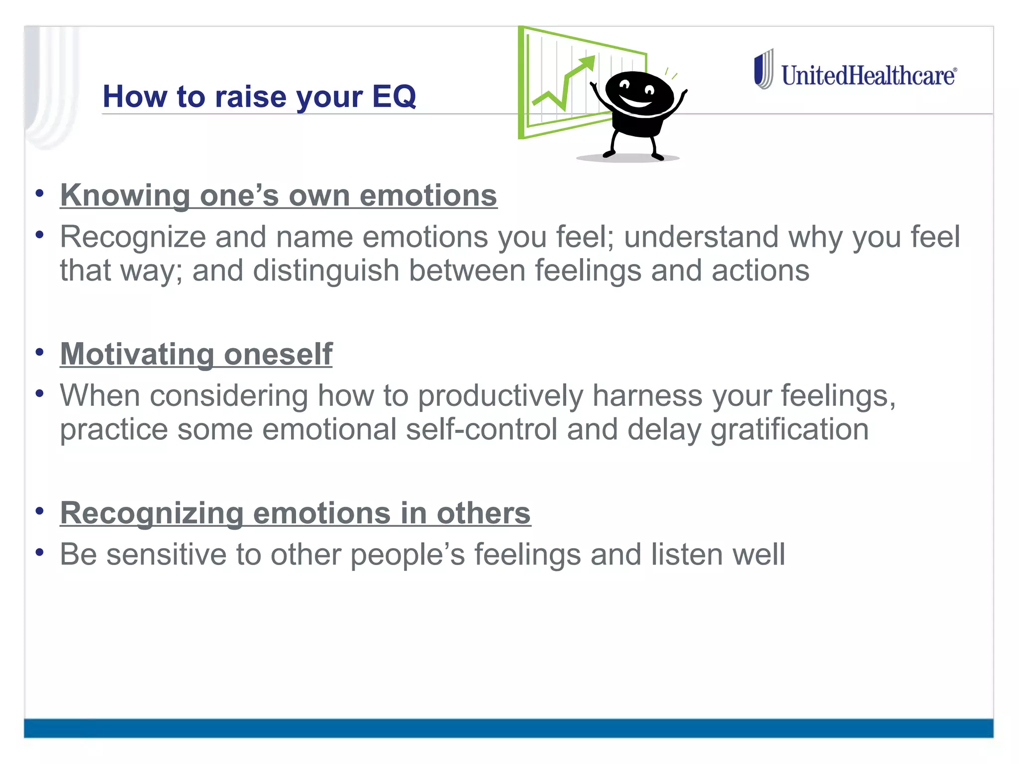 How to raise your EQ 
• Knowing one’s own emotions 
• Recognize and name emotions you feel; understand why you feel 
that way; and distinguish between feelings and actions 
• Motivating oneself 
• When considering how to productively harness your feelings, 
practice some emotional self-control and delay gratification 
• Recognizing emotions in others 
• Be sensitive to other people’s feelings and listen well 
 