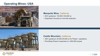 Operating Mines: USA
4
Mesquite Mine, California
• 2021 guidance: 130,000-140,000 oz
• Exploration focused on mine life extension
Castle Mountain, California
• 2021 guidance: 20,000-30,000 oz for Phase 1 operations
• Permitting Phase 2 expansion to +200,000 oz/year
 