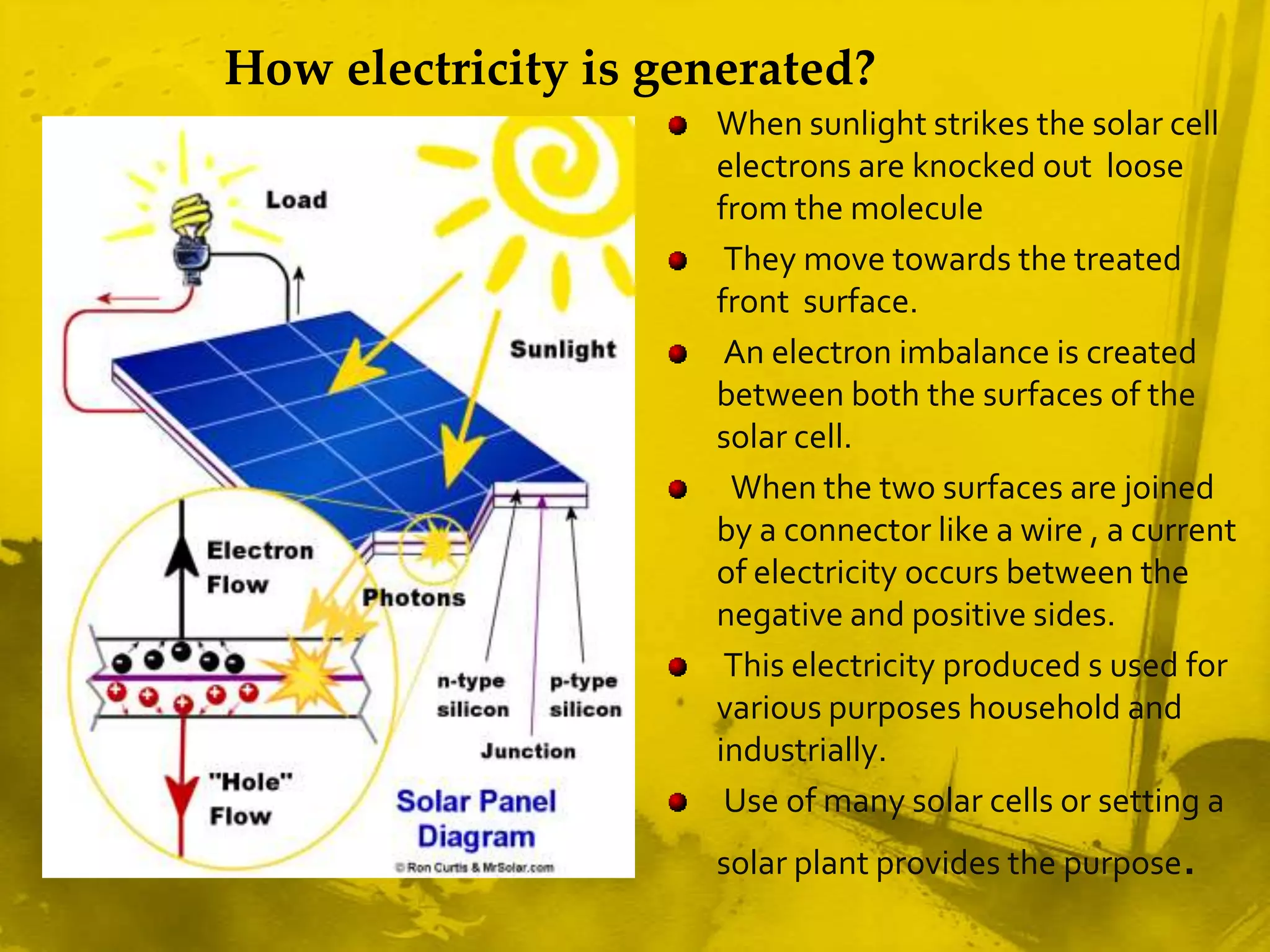How electricity is generated?
                     When sunlight strikes the solar cell
                     electrons are knocked out loose
                     from the molecule
                      They move towards the treated
                     front surface.
                      An electron imbalance is created
                     between both the surfaces of the
                     solar cell.
                      When the two surfaces are joined
                     by a connector like a wire , a current
                     of electricity occurs between the
                     negative and positive sides.
                      This electricity produced s used for
                     various purposes household and
                     industrially.
                      Use of many solar cells or setting a
                     solar plant provides the purpose.
 