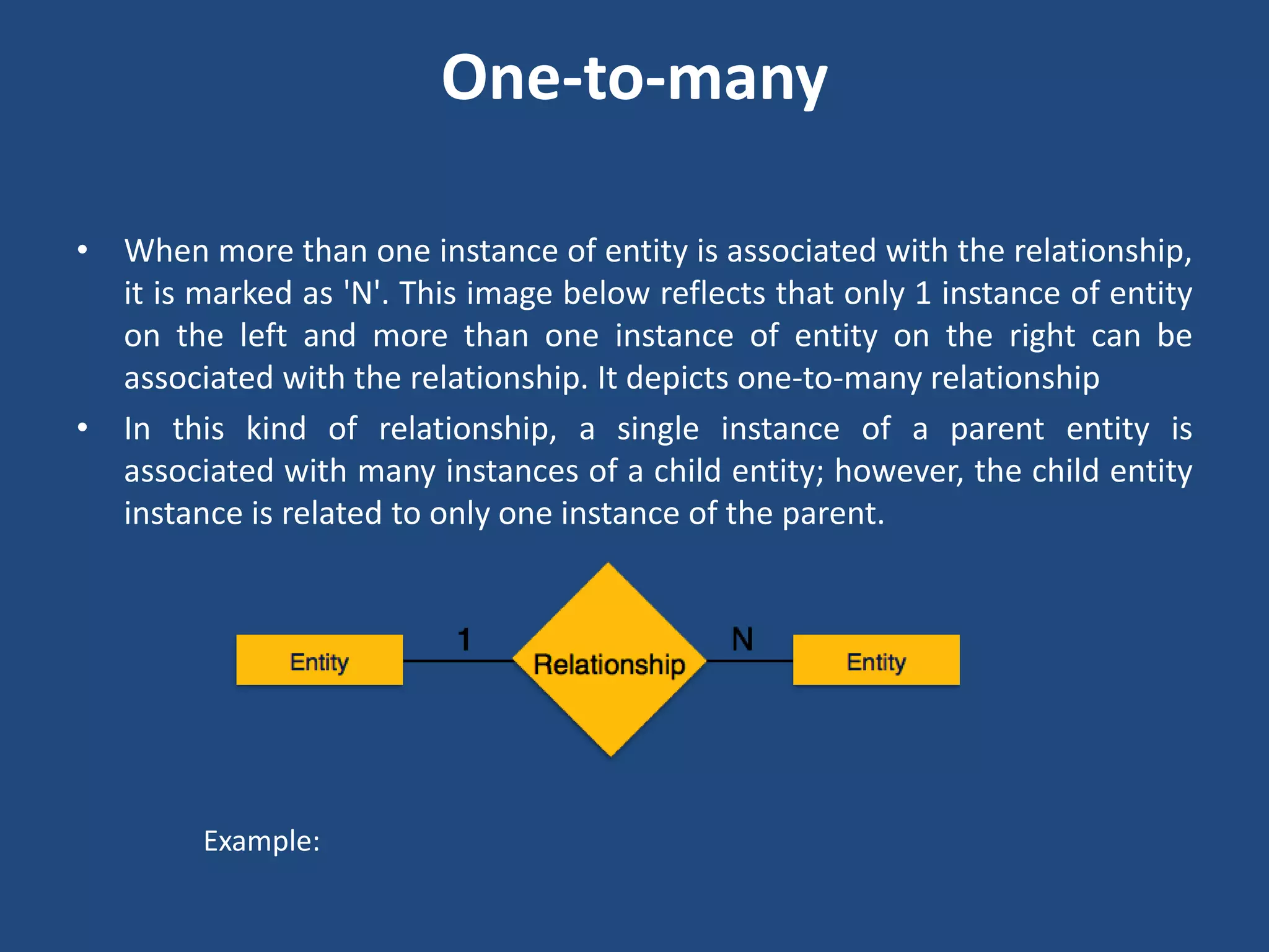One-to-many 
• When more than one instance of entity is associated with the relationship, 
it is marked as 'N'. This image below reflects that only 1 instance of entity 
on the left and more than one instance of entity on the right can be 
associated with the relationship. It depicts one-to-many relationship 
• In this kind of relationship, a single instance of a parent entity is 
associated with many instances of a child entity; however, the child entity 
instance is related to only one instance of the parent. 
Example: 
 