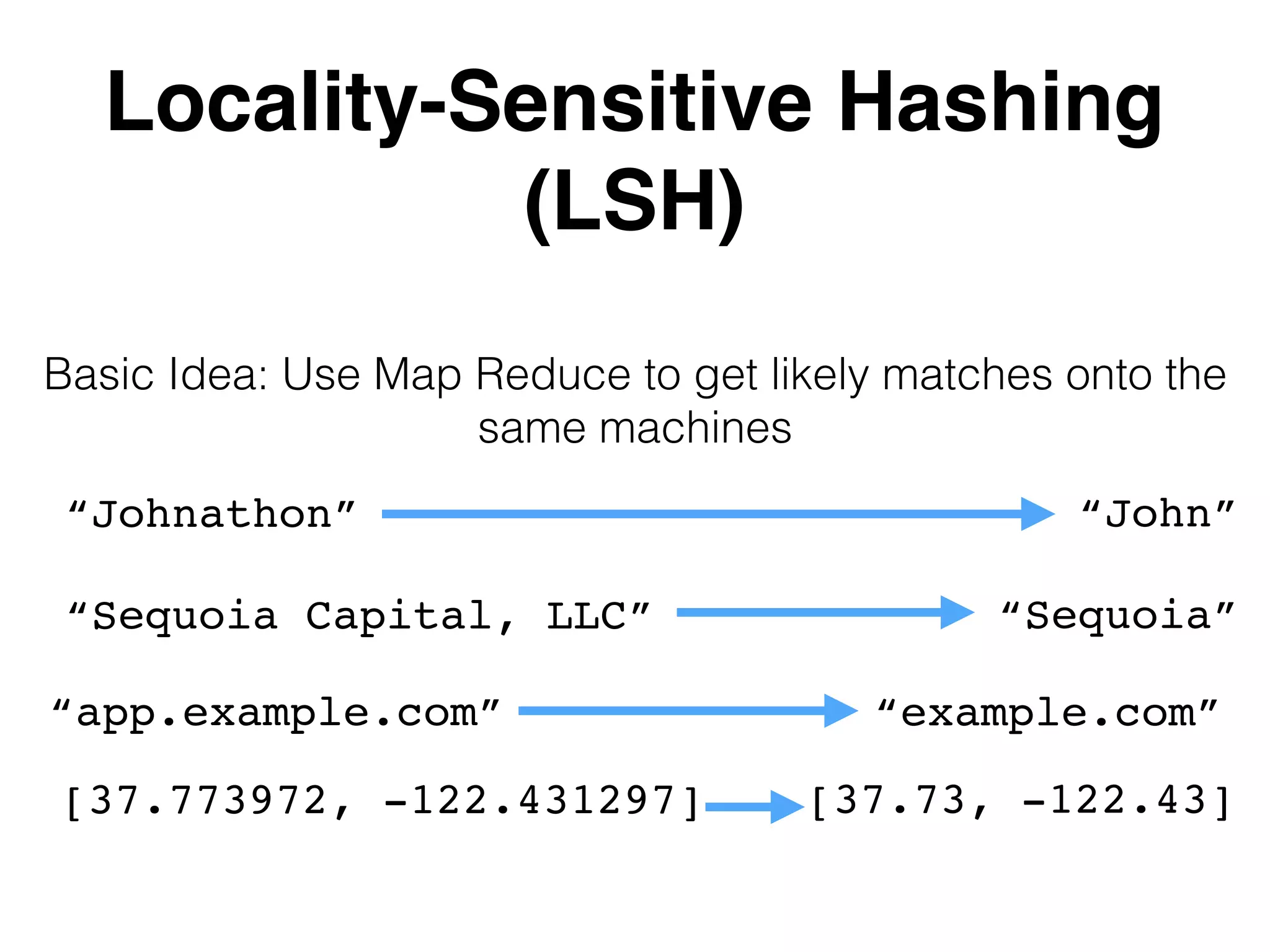 Locality-Sensitive Hashing (LSH) Basic Idea: Use Map Reduce to get likely matches onto the same machines “Johnathon” “Sequoia Capital, LLC” [37.773972, -122.431297] “John” “Sequoia” [37.73, -122.43] “app.example.com” “example.com” 