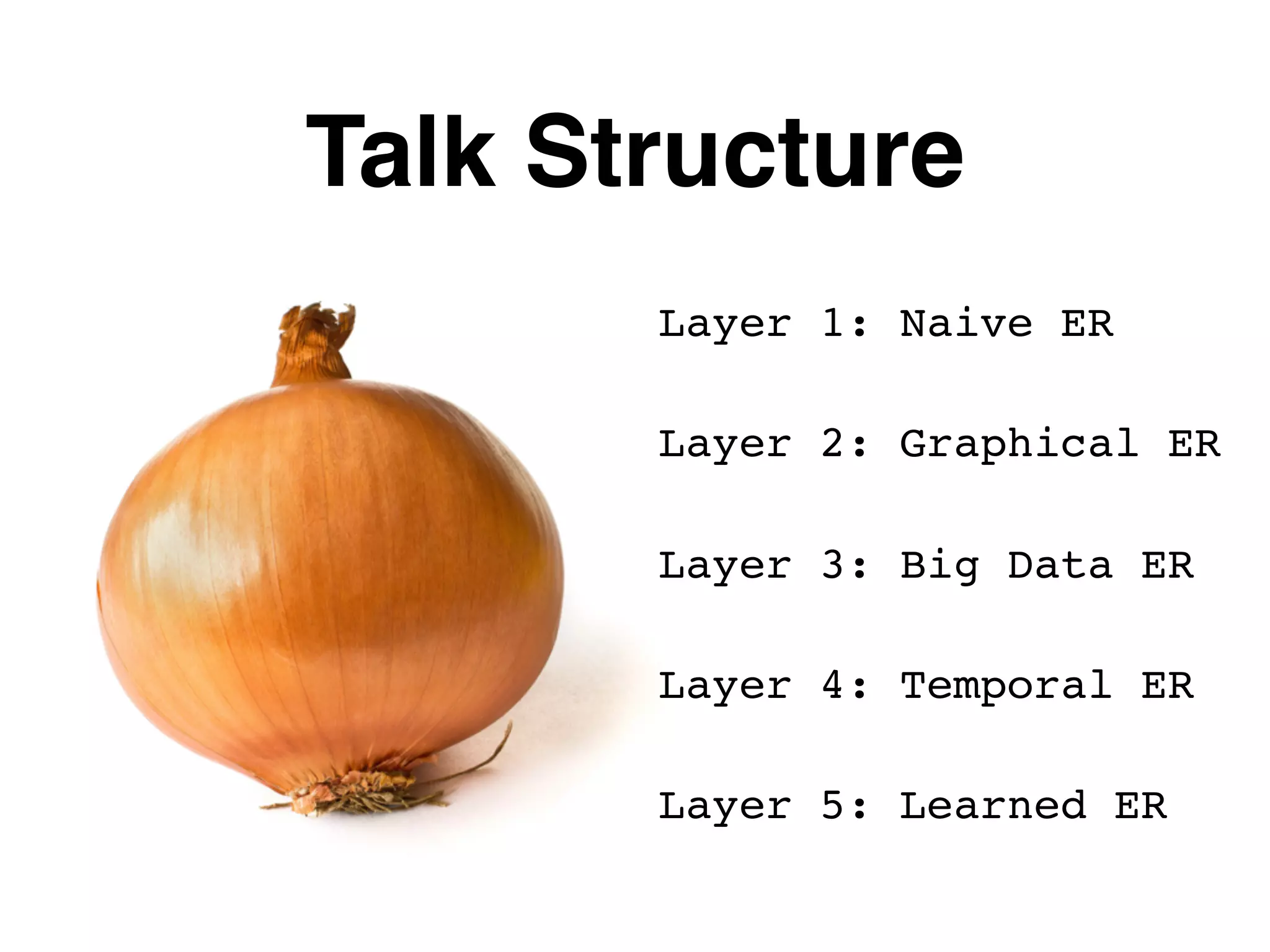 Talk Structure Layer 1: Naive ER Layer 2: Graphical ER Layer 3: Big Data ER Layer 4: Temporal ER Layer 5: Learned ER 