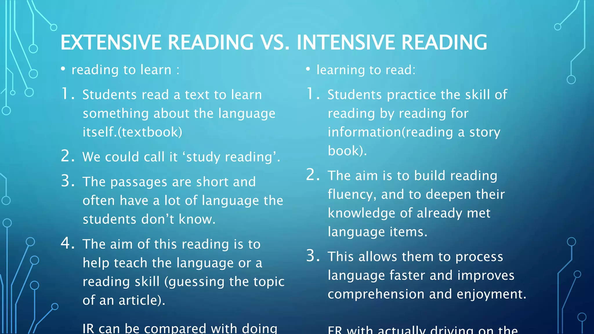 EXTENSIVE READING VS. INTENSIVE READING
• reading to learn :
1. Students read a text to learn
something about the language
itself.(textbook)
2. We could call it ‘study reading’.
3. The passages are short and
often have a lot of language the
students don’t know.
4. The aim of this reading is to
help teach the language or a
reading skill (guessing the topic
of an article).
IR can be compared with doing
• learning to read:
1. Students practice the skill of
reading by reading for
information(reading a story
book).
2. The aim is to build reading
fluency, and to deepen their
knowledge of already met
language items.
3. This allows them to process
language faster and improves
comprehension and enjoyment.
 