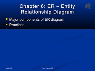 05/17/17 1Yan Huang - ER
Chapter 6: ER – EntityChapter 6: ER – Entity
Relationship DiagramRelationship Diagram
 Major components of ER diagramMajor components of ER diagram
 PracticesPractices
 