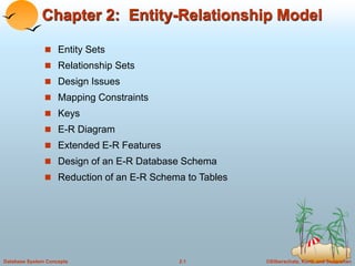©Silberschatz, Korth and Sudarshan
2.1
Database System Concepts
Chapter 2: Entity-Relationship Model
 Entity Sets
 Relationship Sets
 Design Issues
 Mapping Constraints
 Keys
 E-R Diagram
 Extended E-R Features
 Design of an E-R Database Schema
 Reduction of an E-R Schema to Tables
 