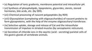 • (v) Regulation of ionic gradients, membrane potential and intracellular pH.
• (vi) Synthesis of phospholipids, lipoproteins, glycerides, sterols, steroid
hormones, bile acids, etc. (by SER).
• (vii) Chemical processing of nascent polypeptides (by RER)
• (viii) Glycosylation (complexing with oligosaccharides) of nascent proteins to
form glycoproteins, with the help of the enzyme oligosaccharyl transferase.
• (ix) Selective uptake, storage and release of Cat and the intracellular
transmission of impulses in striated muscles (by sarcoplasmic reticulum).
• (x) Secretion of chloride ions in the oxyntic (acid - secreting) parietal cells of
the gastric glands of vertebrate animals.
 