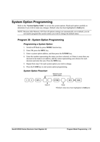 System Option Programming
       Refer to the “System Option Table” to review the system options. Read each option carefully to
       determine if you wish to make any changes. Default value has been highlighted in bold print.

       NOTE: Because after Memory All Clear all options settings are automatically set to default, you do
             not need to program this section unless you wish to change the default status.


       Program 30 - System Option Programming
               Programming a System Option:
               1. Switch to P Mode by press MODE function key.
               2. Enter 3 0, press the SBTL key.
               3. Enter a system option address, and then press the X/TIME key.
               4. Enter the number representing the status you have selected, or if there is more than one
                  decision to be made in an address, add the values representing your choices for each
                  decision and enter the sum. Press the SBTL key.
               5. Repeat from step 3 for each system option you wish to change.
               6. Press the CASH key to end system option programming.

               System Option Flowchart
                                                       Repeat for each
                                                       System Option


                   3     0      SBT L                    X/T IME                SBTL      CASH


                                            Option #                 Status

                                                             Default values have been highlighted in bold print




Sam4S ER230 Series Electronic Cash Register AU                                Program Mode Programming • 91
 