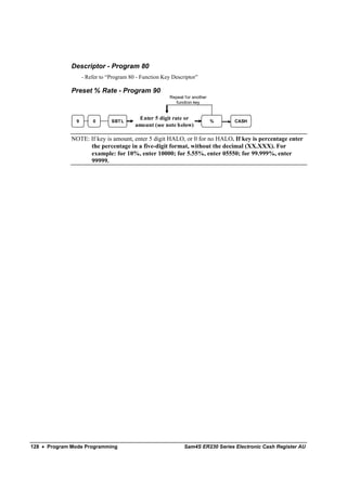 Descriptor - Program 80
                   - Refer to “Program 80 - Function Key Descriptor”

              Preset % Rate - Program 90
                                                        Repeat for another
                                                          function key



               9       0       SBT L
                                          Enter 5 digit rate or              %    CASH
                                         amount (see note below)

              NOTE: If key is amount, enter 5 digit HALO, or 0 for no HALO. If key is percentage enter
                    the percentage in a five-digit format, without the decimal (XX.XXX). For
                    example: for 10%, enter 10000; for 5.55%, enter 05550; for 99.999%, enter
                    99999.




128 • Program Mode Programming                                 Sam4S ER230 Series Electronic Cash Register AU
 
