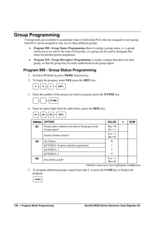 Group Programming
       5 Group totals are available to accumulate totals of individual PLUs that are assigned to each group.
       Each PLU can be assigned to one, two or three different groups.
           •   Program 900 - Group Status Programming allows to assign a group status, i.e. a group
               can be set to not add to the total of all groups, or a group can be used to designate like
               items for kitchen printer assignment.
           •   Program 910 - Group Descriptors Programming to assign a unique descriptor for each
               group, so that the group may be easily understood on the group report.

       Program 900 - Group Status Programming
          1. Switch to P Mode by press MODE function key.
          2. To begin the program, enter 9 0 0, press the SBTL key.

                9        0        0         SBT L



          3. Enter the number of the group you wish to program; press the X/TIME key.

                                  X/T IME



          4. Enter an option digit from the table below, press the SBTL key.

                N1       N2       N3        SBTL


               Address       OPTION                                                       VALUE         =      SUM
                 N1          Group total is added to the total of all groups on the        Yes = 0
                             Group report?                                                 No = 1
                                                                                           Yes = 2
                             Send to kitchen printer?
                                                                                           No = 0
                 N2          No Choice                                                        0
                             KP PORT#: R (print a kitchen requisition)                        1
                             KP PORT#: 1                                                      2
                             KP PORT#: 2                                                      4
                 N3                                                                       Yes = 1
                             Print RED on KP?
                                                                                           No = 0
                                                                        Default values have been highlighted in bold print
          5. To program additional groups, repeat from step 3, or press the CASH key to finalize the
             program.

                CASH




136 • Program Mode Programming                                       Sam4S ER230 Series Electronic Cash Register AU
 