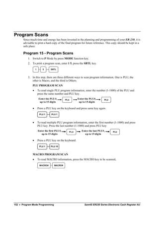 Program Scans
       Since much time and energy has been invested in the planning and programming of your ER-230, it is
       advisable to print a hard copy of the final program for future reference. This copy should be kept in a
       safe place.

       Program 15 - Program Scans
           1. Switch to P Mode by press MODE function key.
           2. To print a program scan, enter 1 5, press the SBTL key.

                   1       5      SBTL



           3. In this step, there are three different ways to scan program information. One is PLU, the
              other is Macro, and the third is Others.
               PLU PROGRAM SCAN
               •       To read single PLU program information, enter the number (1-1000) of the PLU and
                       press the same number and PLU key.
                       Enter the PLU#,         PLU        Enter the PLU#,       PLU
                        up to 15 digits                    up to 15 digits

               •       Press a PLU key on the keyboard and press same key again.

                        PLU 1      PLU 1


               •       To read multiple PLU program information, enter the first number (1-1000) and press
                       PLU key. Press the last number (1-1000) and press PLU key
                       Enter the first PLU#,     PLU         Enter the last PLU#,      PLU
                          up to 15 digits                      up to 15 digits

               •       Press a PLU key on the keyboard.

                        PLU 1     PLU 10


               MACRO PROGRAM SCAN
               •       To read MACRO information, press the MACRO key to be scanned,

                        MACRO#       MACRO#




152 • Program Mode Programming                                 Sam4S ER230 Series Electronic Cash Register AU
 