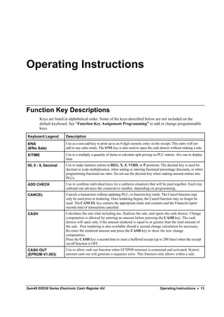 Operating Instructions



Function Key Descriptions
       Keys are listed in alphabetical order. Some of the keys described below are not included on the
       default keyboard. See “Function Key Assignment Programming” to add or change programmable
       keys.

Keyboard Legend        Description

#/NS                   Use as a non-add key to print up to an 8-digit numeric entry on the receipt. This entry will not
(#/No Sale)            add to any sales totals. The #/NS key is also used to open the cash drawer without making a sale.
X/TIME                 Use to a multiply a quantity of items or calculate split pricing on PLU entries. Also use to display
                       time.
00, 0 - 9, Decimal     Use to make numeric entries in REG, X, Z, VOID, or P positions. The decimal key is used for
                       decimal or scale multiplication, when setting or entering fractional percentage discounts, or when
                       programming fractional tax rates. Do not use the decimal key when making amount entries into
                       PLUs.
ADD CHECK              Use to combine individual trays (in a cafeteria situation) that will be paid together. Each tray
                       subtotal can advance the consecutive number, depending on programming.
CANCEL                 Cancels a transaction without updating PLU, or function key totals. The Cancel function may
                       only be used prior to tendering. Once tendering begins, the Cancel function may no longer be
                       used. The CANCEL key corrects the appropriate totals and counters and the Financial report
                       records total of transactions canceled.
CASH                   Calculates the sale total including tax, finalizes the sale, and opens the cash drawer. Change
                       computation is allowed by entering an amount before pressing the CASH key. The cash
                       drawer will open only if the amount tendered is equal to or greater than the total amount of
                       the sale. Post tendering is also available should a second change calculation be necessary.
                       Re-enter the tendered amount and press the CASH key to show the new change
                       computation.
                       Press the CASH key a second time to issue a buffered receipt (up to 200 lines) when the receipt
                       on/off function is OFF.
CASH OUT               Use to allow cash out function when EFTPOS terminal is connected and activated. 0(zero)
(EPROM V1.003)         amount cash out will generate a sequence error. This function only allows within a sale.




Sam4S ER230 Series Electronic Cash Register AU                                             Operating Instructions • 13
 
