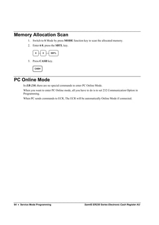 Memory Allocation Scan
          1. Switch to S Mode by press MODE function key to scan the allocated memory.
          2. Enter 6 0, press the SBTL key.

                6      0     SBT L



          3. Press CASH key.

                CASH




PC Online Mode
       In ER-230, there are no special commands to enter PC Online Mode.
       When you want to enter PC Online mode, all you have to do is to set 232 Communication Option in
       Programming.
       When PC sends commands to ECR, The ECR will be automatically Online Mode if connected.




64 • Service Mode Programming                            Sam4S ER230 Series Electronic Cash Register AU
 