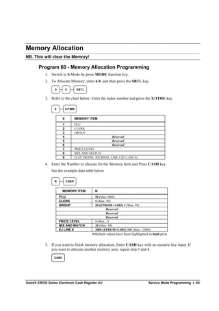 Memory Allocation
NB. This will clear the Memory!

       Program 60 - Memory Allocation Programming
           1. Switch to S Mode by press MODE function key.
           2. To Allocate Memory, enter 6 0, and then press the SBTL key.

                 6          0        SBT L


           3. Refer to the chart below. Enter the index number and press the X/TIME key.

                 X          X/TIME


                        X          MEMORY ITEM
                        1          PLU
                        2          CLERK
                        3          GROUP
                        4                                 Reserved
                        5                                 Reserved
                        6                                 Reserved
                        7          PRICE LEVEL
                        8          MIX AND MATCH
                        9          ELECTRONIC JOURNAL LINE # (EJ LINE #)

           4. Enter the Number to allocate for the Memory Item and Press CASH key.
               See the example data table below

                 N          CASH


                        MEMORY ITEM            N
                     PLU                       50 (Max.5000)
                     CLERK                     5 (Max. 99)
                     GROUP                     20 (EPROM v1.003) 5 (Max. 99)
                                                      Reserved
                                                      Reserved
                                                      Reserved
                     PRICE LEVEL               1 (Max. 2)
                     MIX AND MATCH             20 (Max. 99)
                     EJ LINE #                 3000 (EPROM v1.003) 300 (Max. 12000)
                                              Default values have been highlighted in bold print


           5. If you want to finish memory allocation, Enter CASH key with no numeric key input. If
              you want to allocate another memory area, repeat step 3 and 4.

                 CASH




Sam4S ER230 Series Electronic Cash Register AU                                     Service Mode Programming • 65
 