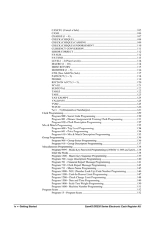 CANCEL (Cancel a Sale)........................................................................................105
                               CASH ......................................................................................................................106
                               CHARGE (1 ~ 8).....................................................................................................107
                               CHECK (CHEQUE)................................................................................................108
                               CHECK (CHEQUE) CASHING .............................................................................109
                               CHECK (CHEQUE) ENDORSEMENT .................................................................110
                               CURRENCY CONVERSION.................................................................................111
                               ERROR CORRECT ................................................................................................112
                               F/S SUB...................................................................................................................112
                               F/S TEND................................................................................................................113
                               LEVEL1 - 2 (Price Levels)......................................................................................114
                               MACRO (1 ~ 10).....................................................................................................114
                               MDSE RETURN .....................................................................................................115
                               MODIFIER (1 ~ 5) ..................................................................................................116
                               #/NS (Non Add#/No Sale).......................................................................................117
                               PAID OUT (1 ~ 3)...................................................................................................118
                               PROMO...................................................................................................................119
                               RECD ON ACCT (1 ~ 3) ........................................................................................120
                               SCALE ....................................................................................................................121
                               SUBTOTAL ............................................................................................................122
                               TABLE ....................................................................................................................122
                               TARE.......................................................................................................................123
                               TAX EXEMPT........................................................................................................124
                               VALIDATE.............................................................................................................125
                               VOID .......................................................................................................................125
                               WASTE ...................................................................................................................126
                               % (1 ~ 5) (Discounts or Surcharges) .......................................................................127
                       Clerk Programming................................................................................................................129
                               Program 800 - Secret Code Programming...............................................................130
                               Program 801 - Drawer Assignment & Training Clerk Programming......................131
                               Program 810 - Clerk Description Programming......................................................132
                       Mix & Match Programming...................................................................................................133
                               Program 600 - Trip Level Programming .................................................................134
                               Program 601 - Price Programming ..........................................................................134
                               Program 610 - Mix & Match Description Programming.........................................135
                       Group Programming ..............................................................................................................136
                               Program 900 - Group Status Programming .............................................................136
                               Program 910 - Group Descriptors Programming.....................................................137
                       Miscellaneous Programming .................................................................................................138
                               Program 9999 - Mode Key Password Programming (EPROM v1.008 and later)...138
                               Enter the Mode ........................................................................................................138
                               Program 1500 - Macro Key Sequence Programming..............................................139
                               Program 700 - Logo Description Programming ......................................................140
                               Program 701 - Financial Report Message Programming.........................................141
                               Program 710 - Clerk Report Message Programming...............................................143
                               Program 711 - Macro Name Programming .............................................................145
                               Program 1000 - NLU (Number Look Up) Code Number Programming.................146
                               Program 1100 - Cash-In-Drawer Limit Programming ............................................147
                               Program 1200 - Check Change Limit Programming ...............................................148
                               Program 1300 - Date and Time Programming.........................................................149
                               Program 1400 - Scale Tare Weight Programming...................................................150
                               Program 1600 - Machine Number Programming ....................................................151
                       Program Scans .......................................................................................................................152
                               Program 15 - Program Scans ...................................................................................152




iv • Getting Started                                                             Sam4S ER230 Series Electronic Cash Register AU
 