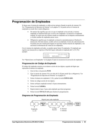 Programación de Empleados
              Si desea usar el sistema de empleados, se debe activar primero fijando la opción de sistema #16.
              Ver “Programación de Opciones de Sistema” en la página 52. Se puede activar el sistema de
              empleados en modo fijo o modo obligatorio.
                       •    De manera fija significa que una vez que el empleado se ha activado, el mismo
                            empleado se mantiene hasta que se activa otro empleado o se desactiva el empleado
                            original. Se suele usar este sistema cuando un empleado usa la máquina continuamente
                            y se debe cambiar de empleados pocas veces.
                       •    Obligatorios significa que el empleado se desactiva automáticamente al finalizar la
                            transacción. De toda manera, se debe activar un empleado al inicio de cada transacción.
                            Se puede usar este sistema para lugares en que haya mucha rotación de empleados y sea
                            necesaria la información de ventas de los empleados.
              Con el sistema de empleados activados, se pueden operar hasta 10 empleados. El empleado que
              registra una transacción se imprime al final del tiquet, indicando el empleado del 1 al 10. Por
              ejemplo:
                                                   15:23               03-02-2006
                                                   000002       EMPLEADO 1     00

              Ver “Operaciones con Empleados” en la página 23 para la secuencias de activación de empleados.

              Programación de Código de Empleado
              El código del empleado consiste en un número secreto de tres dígitos, seguido del dígito que
              representa el número de empleado.
                       1.   Girar la llave a la posición PGM.
                       2.   Fijar la opción de sistema #16 a un valor de 1 o 2 (para modo fijo u obligatorio). Ver
                            “Programación de Opciones de Sistema” en la página 52.
                       3.   Entrar el número de empleado (1-10) y pulsar la tecla EMPLEADO.
                       4.   Entrar un código secreto de tres dígitos.
                       5.   Entrar un 0 para empleado normal o 1 para entrenamiento.
                       6.   Pulsar la tecla X/HORA.
                       7.   Repetir desde el paso 3 para cada empleado que desee programar.
                       8.   Pulsar la tecla TOTAL/CAJA para finalizar la programación.

              Diagrama de Programación de Empleado

                                              Repetir para cada empleado

                                             EMPLE-                                      X/HORA       TOTAL/
                                              ADO                                                      CAJA

                                                                Código
                             Empleado                                       0: Normal
                                                                Secreto
                              1 a 10                                        1: Entreno




Caja Registradora Electrónica ER-260 (P.C.Mira)                                 Programaciones Avanzadas •           65
 