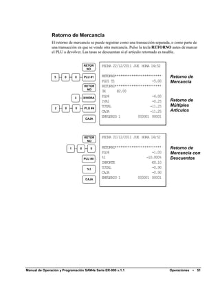 Retorno de Mercancía
               El retorno de mercancía se puede registrar como una transacción separada, o como parte de
               una transacción en que se vende otra mercancía. Pulse la tecla RETORNO antes de marcar
               el PLU a devolver. Las tasas se descuentan si el artículo retornado es tasable.


                                       RETOR    FECHA 22/12/2011 JUE HORA 14:52
                                        NO

                 5     0       0       PLU #1   RETORNO*************************       Retorno de
                                                PLU1 T1                    -5.00       Mercancía
                                       RETOR    RETORNO*************************
                                        NO
                                                3X      @2.00
                               3       X/HORA
                                                PLU4                       -6.00
                                                IVA1                       -0.25       Retorno de
                                                TOTAL                     -11.25       Múltiples
                 2     0       0       PLU #4
                                                CAJA                      -11.25       Artículos
                                                EMPLEADO 1          000001 00001
                                        CAJA




                                       RETOR    FECHA 22/12/2011 JUE HORA 14:52
                                        NO

                           1       0       0    RETORNO*************************       Retorno de
                                                PLU4                        -1.00      Mercancía con
                                       PLU #4   %1                       -10.000%      Descuentos
                                                IMPORTE                     €0.10
                                         %1
                                                TOTAL                       -0.90
                                                CAJA                        -0.90
                                        CAJA
                                                EMPLEADO 1          000001 00001




Manual de Operación y Programación SAM4s Serie ER-900 v.1.1                            Operaciones   •   51
 