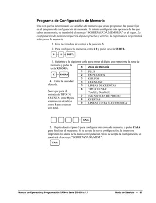 Programa de Configuración de Memoria
               Una vez que ha determinado las variables de memoria que desea programar, las puede fijar
               en el programa de configuración de memoria. Si intenta configurar más opciones de las que
               caben en memoria, se imprimirá el mensaje “SOBREPASADA MEMORIA” en el tiquet. La
               configuración de memoria requerirá algunas pruebas y errores; la registradora no permitirá
               sobrepasar la memoria.
                            1. Gire la cerradura de control a la posición S.
                            2. Para configurar la memoria, entre 6 0 y pulse la tecla SUBTL.
                             6      0     SUBTL


                            3. Referirse a la siguiente tabla para entrar el dígito que represente la zona de
                           memoria y pulse la
                                                       X      Zona de Memoria
                           tecla X/HORA.
                                                       1      PLUS
                             X      X/HORA             2      EMPLEADOS
                                                       3      GRUPOS
                          4. Entre la cantidad         4      CUENTAS#
                         deseada.                      5      LINEAS DE CUENTAS
                                                       6      TIPO CUENTA:
                         Note que para el                     Total(1), Detalle(0)
                         entrada de TIPO DE            7      # de NIVELES DE PRECIO
                         CUENTA: entre 0 para          8      OFERTAS
                         cuentas con detalle o
                                                       9      LINEAS CINTA ELECTRONICA
                         entre 1 para cuentas
                         con total.



                                                         CAJA


                          5. Repita desde el paso 3 para configurar otra zona de memoria, o pulse CAJA
                         para finalizar el programa. Si se acepta la nueva configuración, la impresora
                         imprimirá los datos de la nueva configuración. Si no se acepta la configuración, se
                         mostrará el mensaje “SOBREPASADA MEM.”.
                            CAJA




Manual de Operación y Programación SAM4s Serie ER-900 v.1.1                           Modo de Servicio    •     97
 