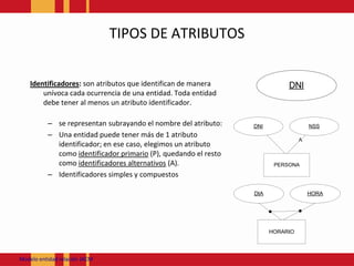 TIPOS DE ATRIBUTOSIdentificadores: son atributos que identifican de manera unívoca cada ocurrencia de una entidad. Toda entidad debe tener al menos un atributo identificador.se representan subrayando el nombre del atributo:Una entidad puede tener más de 1 atributo identificador; en ese caso, elegimos un atributo como identificador primario (P), quedando el resto como identificadores alternativos (A).Identificadores simples y compuestosModeloentidadrelación JACM