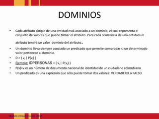 DOMINIOSCada atributo simple de una entidad está asociado a un dominio, el cual representa el conjunto de valores que puede tomar el atributo. Para cada ocurrencia de una entidad un atributo tendrá un valor  dominio del atributo.Un dominio lleva siempre asociado un predicado que permite comprobar si un determinado valor pertenece al dominio.D = { vi | P(vi) } Ejemplo:IDPERSONAS = { vi | P(vi) }P(v)=v es un número de documento nacional de identidad de un ciudadano colombianoUn predicado es una expresión que sólo puede tomar dos valores: VERDADERO ó FALSOModeloentidadrelación JACM
