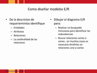Como diseñarmodelosE/RDe la descricion de requeriemintosidentifiqueEntidadesAtributosRelacionesLa cardinalidad de lasrelacionesDibujar el diagrama E/R para:Realizar un busquedaminusiosaparaidentificarlasredundanciasBuscarrelacionesvarios a varios , en muchoscasosesnesecariodividirlas en relacionesuno-a-variosModeloentidadrelación JACM