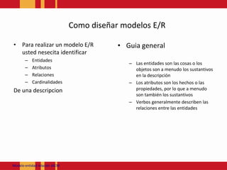 Como diseñarmodelos E/RPara realizar un modeloE/R ustednesecitaidentificarEntidadesAtributosRelacionesCardinalidadesDe unadescripcionGuia generalLas entidades son las cosas o los objetos son a menudo los sustantivos en la descripciónLos atributos son los hechos o las propiedades, por lo que a menudo son también los sustantivos Verbos generalmente describen las relaciones entre las entidadesModeloentidadrelación JACM