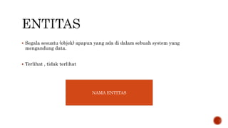  Segala sesuatu (objek) apapun yang ada di dalam sebuah system yang
mengandung data.
 Terlihat , tidak terlihat
NAMA ENTITAS
 
