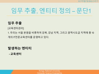 Kongju National University
Computer Science Engineering
요구추출 및 ER-D그리기
임무 추출, 엔티티 정의 – 문단1
임무 추출
[교육센터관리]
1. 우리는 서울 본원을 비롯하여 강북, 강남 지역, 그리고 광역시도급 지역에 총 10
개의 IT전문교육센터를 운영하고 있다.
발생하는 엔티티
- 교육센터
 