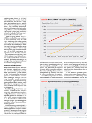 population was covered by WCDMA/
HSPA, a figure that is set to rise to 85
percent by the end of 20181
. Today,
many developed markets are nearing
the 100 percent population coverage
mark3
. This widespread deployment,
togetherwithsupportforthebroadest
rangeofdevices,makesWCDMA/HSPA
the primary radio-access technology
to handle the bulk of MBB and smart-
phonetrafficforyearstocome.
Since its initial release, the 3GPP
WCDMA standard has, and continues
to,evolveextensively.Today,WCDMA/
HSPA is a best-in-class voice solution
withexceptionalvoiceaccessibilityand
retainability. It offers high call reten-
tionaswellasbeinganexcellentaccess
technologyforMBB,asitdelivershigh
data rates and high cell-edge through-
put – all of which enable good user
experienceacrosstheentirenetwork.
ThecontinuedevolutionofWCDMA/
HSPAinReleases11and12includessev-
eral key features that aim to increase
network flexibility and capacity to
meet growing smartphone traffic and
securevoiceandappcoverage.
Evolutionoftrafficpatterns
Applications have varying demands
and behaviors when it comes to when
and how much data they transmit.
Some apps transmit a large amount
of data continuously for substantial
periods of time and some transmit
small packets at intervals that can
range from a few seconds to minutes
orevenlonger.Applicationshavevary-
ing demands, typically sending lots of
data in bursts, interspersed with peri-
ods of inactivity when they send little
ornodataatall.
Rapid handling of individual user
requests, enabled by high instanta-
neous data rates, improves overall net-
work performance as control-channel
overhead is reduced and capacity for
other traffic becomes available soon-
er. So, if a network can fulfill requests
speedily, all users will experience the
benefits of reduced latency and faster
round-triptimes.
Web browsing on a smartphone is a
classicexampleofaburstyapplication,
bothforuplinkanddownlinkcommu-
nication.Whenasmartphonerequests
the components of a web page from
the network (in the uplink) they are
transferredinbursts(inthedownlink),
andthedeviceacknowledgesreceiptof
the content (in the uplink). As a result,
uplink and downlink performance
becomes tightly connected and there-
fore better uplink performance has a
positive effect on downlink data rates
aswellasoverallsystemthroughput.
Forwebbrowsing,theinstantaneous
downlinkspeedformobileusersneeds
tobemuchhigheronaveragethanthe
uplinkspeed.However,thenumberof
services requiring higher data rates in
the uplink, such as video calling and
cloud synching of smartphone data, is
ontherise.
As user behavior changes, traffic-­
volumepatternsalsochange,andmea-
surements show it is becoming more
commonforuplinklevelstobeon
FIGURE 1   Mobile and MBB subscriptions (2009-2018)1
Mobile subscriptions
Mobile broadband
2009 2010 2011 2012 2013 2014 2015 2016 2017 2018
0
2,000
1,000
3,000
4,000
6,000
5,000
8,000
7,000
9,000
10,000
Subscriptions/lines (million)
FIGURE 2   Population coverage by technology (2012-2018)
100
80
60
40
20
2012 2018 2012 2018 2012 2018
0
%populationcoverage
(Source: Ericsson1
)
85%
90%
~55%
85%
~10%
~60%
GSM/EDGE WCDMA/HSPA LTE
3
ERICSSON REVIEW • AUGUST 28, 2013
 