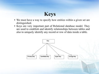 Keys
 We must have a way to specify how entities within a given set are
distinguished.
 Keys are very important part of Relational database model. They
are used to establish and identify relationships between tables and
also to uniquely identify any record or row of data inside a table.
 