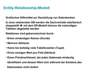 Entity-Relationship-Modell ,[object Object],[object Object],[object Object],[object Object],[object Object],[object Object],[object Object],[object Object],[object Object],[object Object]