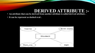 DERIVED ATTRIBUTE :-
• An attribute that can be derived from another attribute is called derived attribute .
• It can be represent as dashed oval .
 
