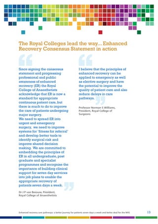 The Royal Colleges lead the way... Enhanced
Recovery Consensus Statement in action

‘‘

Since signing the consensus
statement and progressing
professional and public
awareness of enhanced
recovery (ER) the Royal
College of Anaesthetists
acknowledge that ER is now a
standard for appropriate
continuous patient care, but
there is much to do to improve
the care of patients undergoing
major surgery.
We need to spread ER into
urgent and emergency
surgery, we need to improve
systems for ‘fitness for referral’
and develop better tools to
identify surgical risk and
improve shared decision
making. We are committed to
embedding the principles of
ER in all undergraduate, post
graduate and specialist
programmes and recognise the
importance of building clinical
support for seven day services
into job plans to enable the
appropriate recovery of
patients seven days a week.
Dr J P van Besouw, President,
Royal College of Anaesthetists

‘‘

I believe that the principles of
enhanced recovery can be
applied to emergency as well
as elective surgery and have
the potential to improve the
quality of patient care and also
reduce delays in care
pathways.

’’

Professor Norman S Williams,
President, Royal College of
Surgeons

’’

Enhanced recovery care pathways: a better journey for patients seven days a week and better deal for the NHS

13

 