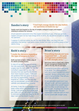 Sandra’s story

‘‘I had high energy drinks the day before
my operation to build me up.’’

Sandra went into hospital on the day of complex urological surgery and stopped
smoking to enhance her recovery.

At pre-operative assessment clinic they explain everything to you, what was going to
happen and gave me two high energy drinks to drink, the day before to build me up for
the operation.
I suppose it’s common sense, you eat the right things. Now, I eat more fruit and
vegetables than before. I was quite a heavy smoker and now I am puffing away on that
electric thing.

Keith’s story
‘‘I made the decision regarding
the type of surgery to have.’’
Keith was back at home within a day of
his robotic prostate surgery.

In view of my age, the type of cancer,
the risks associated, I felt that robotic
surgery was the best option for me, the
consultant supported my view. My
recovery time was significantly shorter
than more invasive surgery. I followed
the guidance that was given to me as
this was my responsibility. I was in
hospital at 7.30am, and the next day
was up and dressed, armed with urinary
catheter and released from hospital.
At home, it was the encouragement to
keep a diary which stimulated me to do
things. I was going for short walks daily,
you make sure you rest when you have
to and exercise when you have to. At 10
days I went to the church service.

Brian’s story
‘‘ Everything that should have
happened did …. the pain
management enabled me
to walk straight away.’’
Brian knew what to expect after surgery,
his pain management enabled him to
walk on the day after his operation.

I wanted to know what was going
to be done. The communication
with me is what I wanted and what I
expected. Being a retired pilot, I am
used to being briefed. They tell you
what they are doing.
At pre-operative assessment I was
allowed to ask pertinent questions,
they discussed what would happen
and how they would manage me
and my pain. Anything that should
have happened did. The pain
suppression I had was spot on and I
found I could walk straight away.

Enhanced recovery care pathways: a better journey for patients seven days a week and better deal for the NHS

7

 