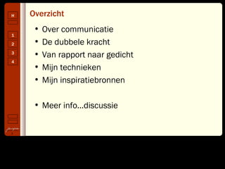 Overzicht Over communicatie De dubbele kracht Van rapport naar gedicht Mijn technieken Mijn inspiratiebronnen Meer info…discussie 