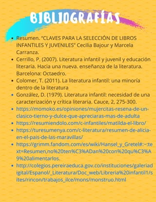 BIBLIOGRAFÍAS
Resumen. “CLAVES PARA LA SELECCIÓN DE LIBROS
INFANTILES Y JUVENILES” Cecilia Bajour y Marcela
Carranza.
Cerrillo, P. (2007). Literatura infantil y juvenil y educación
literaria. Hacia una nueva. enseñanza de la literatura.
Barcelona: Octaedro.
Colomer, T. (2011). La literatura infantil: una minoría
dentro de la literatura
González, D. (1979). Literatura infantil: necesidad de una
caracterización y crítica literaria. Cauce, 2, 275-300.
https://momoko.es/opiniones/mujercitas-resena-de-un-
clasico-tierno-y-dulce-que-apreciaras-mas-de-adulta
https://resumiendolo.com/c-infantiles/matilda-el-libro/
https://turesumenya.com/c-literatura/resumen-de-alicia-
en-el-pais-de-las-maravillas/
https://grimm.fandom.com/es/wiki/Hansel_y_Gretel#:~:te
xt=Resumen,no%20ten%C3%ADan%20con%20qu%C3%A
9%20alimentarlos.
http://colegios.pereiraeduca.gov.co/instituciones/galeriad
igital/Espanol/_Literatura/Doc_web/Libreria%20infantil1/s
ites/rincon/trabajos_ilce/mons/monstruo.html
 