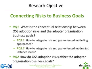 Connecting Risks to Business Goals
 RQ1 What is the conceptual relationship between
OSS adoption risks and the adopter organization
business goals?
– RQ1.1: How to integrate risk and goal-oriented modelling
approaches?
– RQ1.2: How to integrate risk and goal-oriented models (at
instance level)?
 RQ2 How do OSS adoption risks affect the adopter
organization business goals?
Researh Ojective
7
Applying Business Strategy Models in Organizations.
i* Workshop, 15-16 June 2014.
 