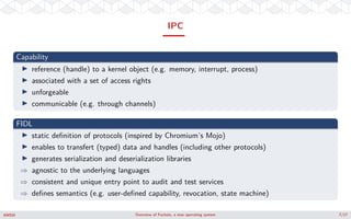 IPC
Capability
reference (handle) to a kernel object (e.g. memory, interrupt, process)
associated with a set of access rig...