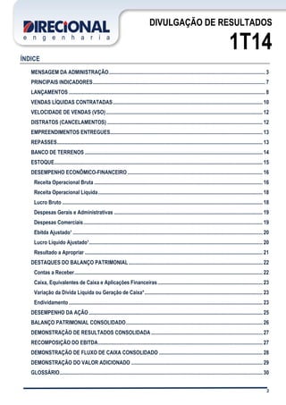 2
DIVULGAÇÃO DE RESULTADOS
1T14
ÍNDICE
MENSAGEM DA ADMINISTRAÇÃO...................................................................................................................... 3
PRINCIPAIS INDICADORES.................................................................................................................................. 7
LANÇAMENTOS .................................................................................................................................................... 8
VENDAS LÍQUIDAS CONTRATADAS................................................................................................................. 10
VELOCIDADE DE VENDAS (VSO)...................................................................................................................... 12
DISTRATOS (CANCELAMENTOS) ..................................................................................................................... 12
EMPREENDIMENTOS ENTREGUES................................................................................................................... 13
REPASSES........................................................................................................................................................... 13
BANCO DE TERRENOS ...................................................................................................................................... 14
ESTOQUE............................................................................................................................................................. 15
DESEMPENHO ECONÔMICO-FINANCEIRO...................................................................................................... 16
Receita Operacional Bruta ............................................................................................................................... 16
Receita Operacional Líquida............................................................................................................................ 18
Lucro Bruto ....................................................................................................................................................... 18
Despesas Gerais e Administrativas ................................................................................................................ 19
Despesas Comerciais....................................................................................................................................... 19
Ebitda Ajustado¹ ............................................................................................................................................... 20
Lucro Líquido Ajustado¹................................................................................................................................... 20
Resultado a Apropriar ...................................................................................................................................... 21
DESTAQUES DO BALANÇO PATRIMONIAL..................................................................................................... 22
Contas a Receber.............................................................................................................................................. 22
Caixa, Equivalentes de Caixa e Aplicações Financeiras............................................................................... 23
Variação da Dívida Líquida ou Geração de Caixa*......................................................................................... 23
Endividamento .................................................................................................................................................. 23
DESEMPENHO DA AÇÃO................................................................................................................................... 25
BALANÇO PATRIMONIAL CONSOLIDADO....................................................................................................... 26
DEMONSTRAÇÃO DE RESULTADOS CONSOLIDADA .................................................................................... 27
RECOMPOSIÇÃO DO EBITDA............................................................................................................................ 27
DEMONSTRAÇÃO DE FLUXO DE CAIXA CONSOLIDADO .............................................................................. 28
DEMONSTRAÇÃO DO VALOR ADICIONADO ................................................................................................... 29
GLOSSÁRIO......................................................................................................................................................... 30
 