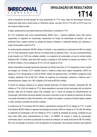 4
DIVULGAÇÃO DE RESULTADOS
1T14Como consequência da forte geração de caixa apresentada no 1T14, nosso índice de alavancagem financeira,
medida pela razão entre a dívida líquida e o Patrimônio Líquido, caiu para 16% no 1T14 (22% no 4T13), que é um
dos menores índices do setor.
A seguir, apresentamos os principais fatores que influenciaram o resultado do 1T14:
No 1T14 contratamos dois novos empreendimentos MCMV Faixa 1, conforme detalhado acima. Não tivemos
lançamentos no segmento de incorporação, basicamente em função da concentração de feriados, com isso
preferimos focar a equipe comercial na redução de estoque. Entretanto, é importante salientar que voltaremos a
lançar novos projetos a partir do 2T14.
As vendas líquidas alcançaram R$ 882 milhões no trimestre, o que representa um crescimento de 66% em relação
ao 1T13. Esse desempenho positivo deve-se, em grande parte, ao segmento Faixa 1, em que os empreendimentos
já são lançados com 100% das unidades vendidas, e ao segmento de incorporação, em que as vendas líquidas
totalizaram R$ 110 milhões. Este último fator resultou na redução no VGV mantido em estoque, que fechou o 1T14
em R$ 631 milhões (-13% em relação ao 4T13 e -21% em relação ao 4T12).
Dando continuidade à evolução operacional observada nos últimos exercícios, no 1T14 alcançamos volume recorde
de entregas num trimestre: 6.217 unidades tiveram o habite-se emitido pelos órgãos competentes (+287% em
relação ao 1T13), representando um VGV de R$ 601 milhões. No segmento Faixa 1 do PMCMV, entregamos 4.356
unidades, totalizando VGV de R$ 276,1 milhões. No segmento de incorporação, obtivemos o habite-se para 7
empreendimentos / etapas, com 1.861 unidades e VGV total de R$ 325,4 milhões.
O volume de repasses manteve-se no patamar elevado observado nos últimos trimestres, alcançando R$ 148
milhões no 1T14 (+34% em relação ao 1T13). Nossa expectativa é que esse número permaneça alto nos próximos
períodos, dado que tal indicador possui forte correlação com o volume de entregas de empreendimentos de
incorporação. Vale lembrar que temos adotado uma postura mais ativa no que diz respeito ao tratamento de clientes
com grande dificuldade em obter financiamento, com o objetivo de acelerar o processo de distrato destas unidades
e, assim, antecipar o processo de revenda e repasse.
A receita bruta do 1T14 alcançou R$ 414 milhões, representando evolução de 4% em relação ao 1T13. A receita
bruta totalizou R$ 250 milhões no segmento de prestação de serviços (+66% em relação ao 1T13) e R$ 164 milhões
no segmento de incorporação (-33% em relação ao 1T13). A receita de prestação de serviços, composta em sua
maior parte (99%) pelos empreendimentos do Faixa 1 do PMCMV, foi superior à receita de incorporação,
confirmando assim o movimento já observado nos exercícios anteriores: da receita bruta total de R$ 414 milhões,
60% veio da prestação de serviços e 40% do segmento de incorporação. Nos próximos trimestres esta tendência
 