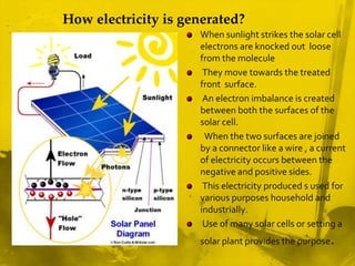 How electricity is generated?
                     When sunlight strikes the solar cell
                     electrons are knocked out loose
                     from the molecule
                      They move towards the treated
                     front surface.
                      An electron imbalance is created
                     between both the surfaces of the
                     solar cell.
                      When the two surfaces are joined
                     by a connector like a wire , a current
                     of electricity occurs between the
                     negative and positive sides.
                      This electricity produced s used for
                     various purposes household and
                     industrially.
                      Use of many solar cells or setting a
                     solar plant provides the purpose.
 