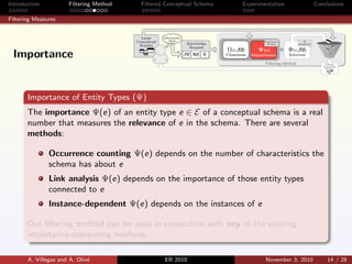 Introduction Filtering Method Filtered Conceptual Schema Experimentation Conclusions
Filtering Measures
Importance of Entity Types (Ψ)
The importance Ψ(e) of an entity type e ∈ E of a conceptual schema is a real
number that measures the relevance of e in the schema. There are several
methods:
Occurrence counting Ψ(e) depends on the number of characteristics the
schema has about e
Link analysis Ψ(e) depends on the importance of those entity types
connected to e
Instance-dependent Ψ(e) depends on the instances of e
Our ﬁltering method can be used in connection with any of the existing
importance-computing methods.
A. Villegas and A. Oliv´e ER 2010 November 3, 2010 14 / 28
Importance
 