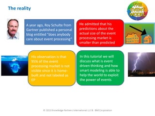 The reality
A year ago, Roy Schulte from
Gartner published a personal
blog entitled “does anybody
care about event processing”

His observation is that
95% of the event
processing market is not
visible since it is homebuilt and not labeled as
EP

He admitted that his
predictions about the
actual size of the event
processing market is
smaller than predicted

In this tutorial we will
discuss what is event
driven thinking and how
smart modeling is able to
help the world to exploit
the power of events

 