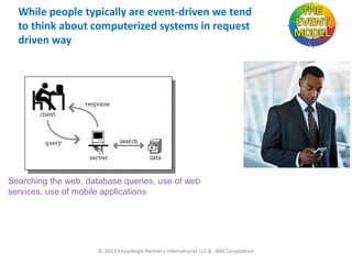 While people typically are event-driven we tend
to think about computerized systems in request
driven way

Searching the web, database queries, use of web
services, use of mobile applications

6/30/2013

24

 